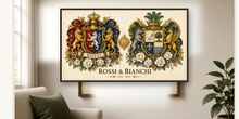 
Carregar imagem no visualizador da galeria, Sample Dual Anniversary coat of arms PDF printed and framed — Rossi &amp; Bianchi landscape — Herald Lab