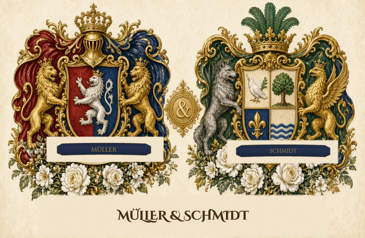 Beispiel Doppelwappen-PDF für zwei Nachnamen — Hochzeitsgeschenk-Layout