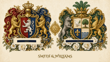 
Cargar imagen en el visor de la galería, Anniversary Dual sample — Smith &amp; Williams — two coats of arms on one page — Herald Lab