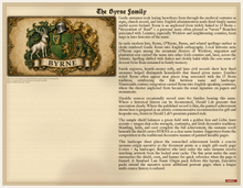Load image into Gallery viewer, Sample Last Name Origin PDF — The Byrne Family — coat of arms left, fuller surname history right — digital printable document — Herald Lab SAMPLE