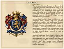 
Carregar imagem no visualizador da galeria, Sample Last Name Origin PDF — The Casciano Family — dense Standard layout, coat of arms left, surname history right — Herald Lab SAMPLE