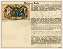Load image into Gallery viewer, Sample Last Name Origin PDF — The Casciano Family — coat of arms left, fuller surname history right — digital printable document — Herald Lab SAMPLE