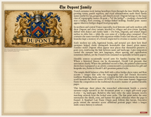 Load image into Gallery viewer, Sample Last Name Origin PDF — The Dupont Family — coat of arms left, fuller surname history right — digital printable document — Herald Lab SAMPLE
