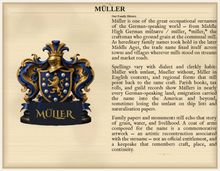 
Cargar imagen en el visor de la galería, Beispiel Nachnamensherkunft — Die Familie Müller: Wappen links, Namensgeschichte rechts (Herald Lab) — denser Standard gallery sample