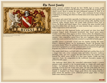 Load image into Gallery viewer, Sample Last Name Origin PDF — The Rossi Family — coat of arms left, fuller surname history right — digital printable document — Herald Lab SAMPLE