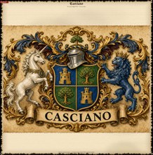 Load image into Gallery viewer, Sample Executive digital pack — portrait keepsake page 1, coat of arms covering most of the page on aged parchment — Herald Lab